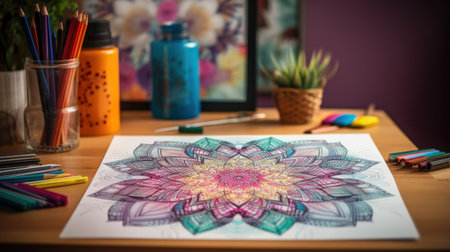 Colored mandala picture on the tableの素材