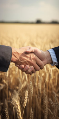 Close up of two mens shaking hands with wheat field on the background. Vertical poster with copy spaceの素材