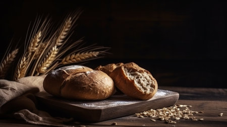 Fresh golden crispy bread with flour and wheat on the wooden tableの素材