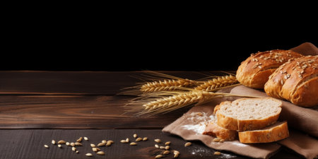 Cut golden crispy bread with flour and wheat on the wooden table. Banner with copy spaceの素材