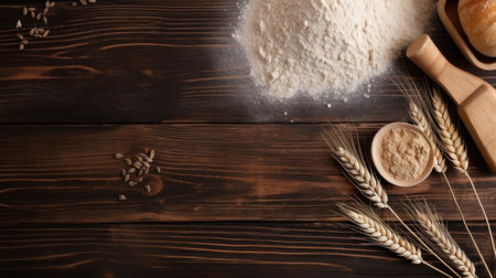 Wheat flour and wheat grain on the wooden table. Top view banner with copy spaceの素材