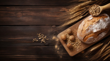 Golden crispy bread with flour and wheat on the wooden table. Top view with copy spaceの素材