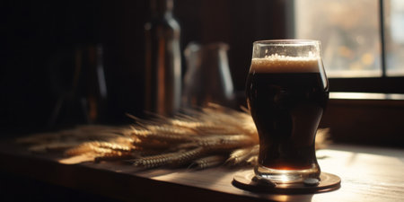 Dark beer in the glass and sun shining through the glass. Banner with copy spaceの素材