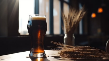 Glass of dark craft beer and sun shining through the glass with wheat on the tableの素材
