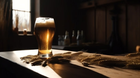 Craft lager on the wooden table and sun shining through the glassの素材