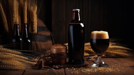 Craft dark beer in the glass and bottle on the table with wheat aroundの素材