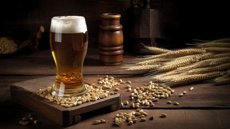 Craft lager on the wooden table with wheat and wheat grain aroundの素材