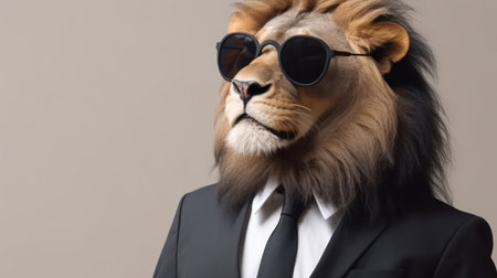Lion looking like businessman with sunglasses. Banner with copy space with light backgroundの素材