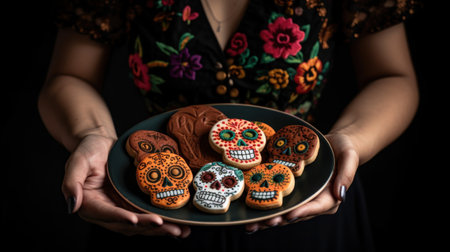 Close up of woman hands holding plate with cookies in sugar scull shapeの素材