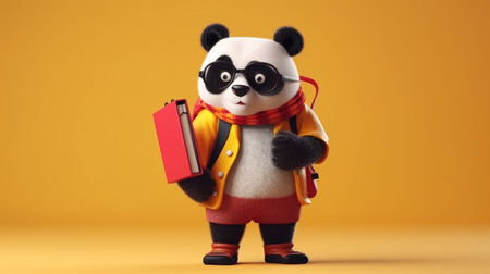 Panda in full height wearing glasses ready to school. Cartoon illustrationの素材