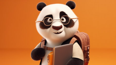 Panda in glasses with backpack and books. Cartoon illustrationの素材