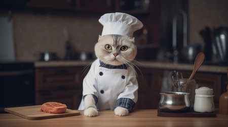 Gray cat cook steak in the kitchenの素材