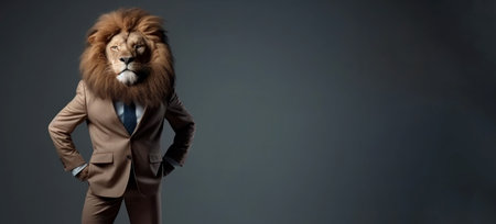 Confident looking Lion businessman in the brown suite. Banner with copy spaceの素材