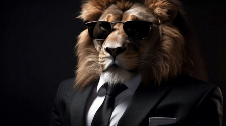 Lion businessman wearing black sunglasses. Banner with copy spaceの素材