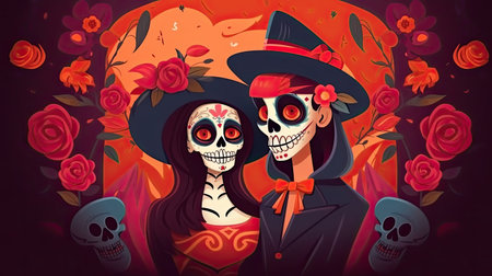 Couple in traditional costumes for the Dia de muerto. Illustrationの素材