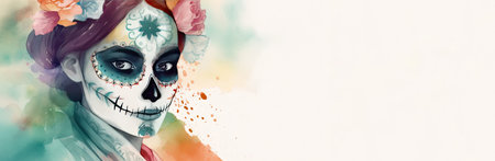 Woman with sugar scull make up. Watercolor vertical banner with copy spaceの素材