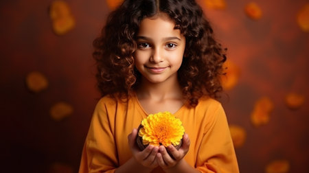 Teenager girl teenager with marigold flowers in the handsの素材