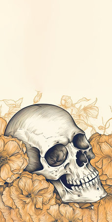 Sugar scull and marigold flowers. Vertical poster with copy spaceの素材