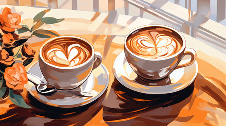 Couple of cappuccino cups on the table with flowers close to windowの素材