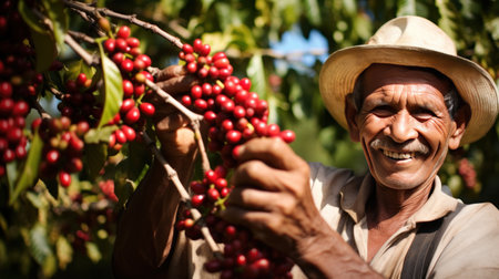 Smiling old man in the hat harvesting coffee beansの素材
