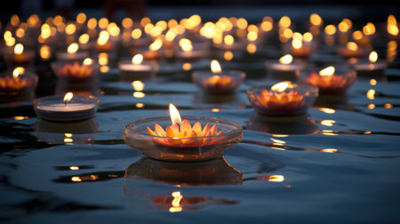 Lotus candles floating on the water for Diwali celebrationの素材