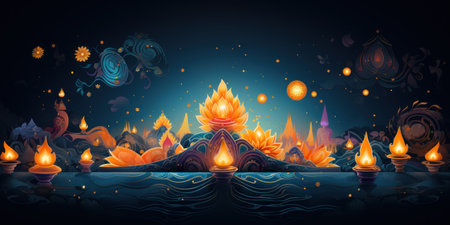 Diwali candle lights and lotus flower on the dark blue night sky backgroundの素材