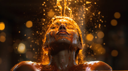 Oil drops falling on the beautiful woman face as a part of the Diwali oil bath ritualの素材