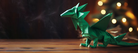 Small origami green dragon on the wooden table with xmas tree on the backgroundの素材
