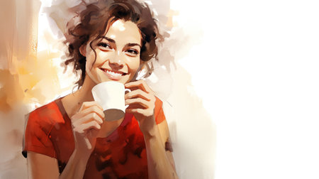 Young beautiful smiling woman drinking coffee. Banner with copy spaceの素材