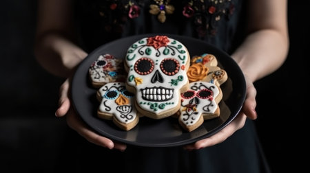 Woman holds cookies in sugar scull shape on the plate in black colorsの素材