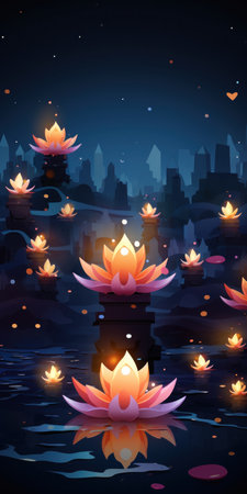 Diwali candle lights and lotus flower on the dark blue background. Vertical posterの素材