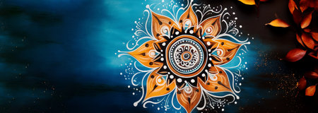 Colorful Rangoli illustration with autumn leafs on the dark blue background. Banner with copy spaceの素材