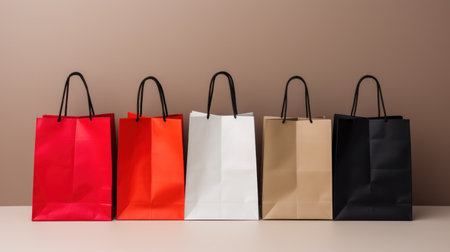 Different colorful shopping packages on the table. Banner with copy spaceの素材