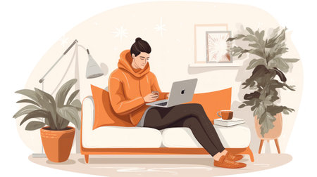 Guy in cozy clothes sitting on the couch with laptop in cozy atmosphereの素材