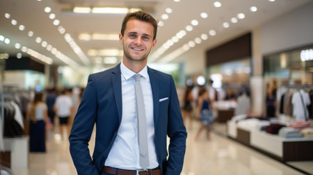 Good looking smiling successful man dressed up in costume in shopping mallの素材