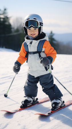 Small boy in skiing equipment smiling to the cameraの素材