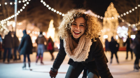Beautiful happy woman skating at the evening on the ice skating center smiling to the cameraの素材