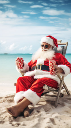 Santa Claus relaxing on the beach with cocktails in the hands. Verticalの素材