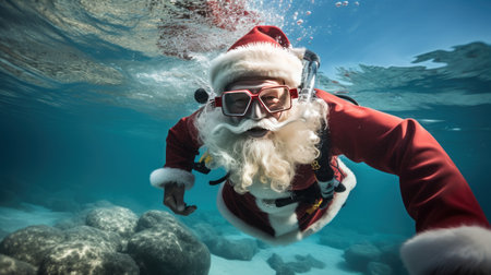 Santa Claus in costume snorkeling in the seaの素材