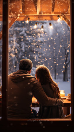 Couple cuddling and watching snow falling down. Back shot. Vertical posterの素材