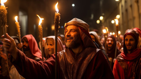 People with candles simulating journey to Bethlehem on the Three Kings Dayの素材
