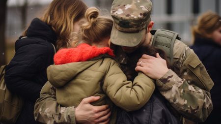 Daughter hug her father in the military uniform. Girl hide her face in the father's embraceの素材