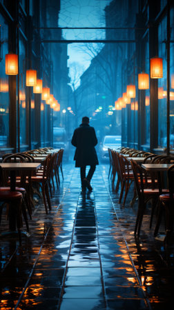 lonely person in empty cafe in blue colorsの素材