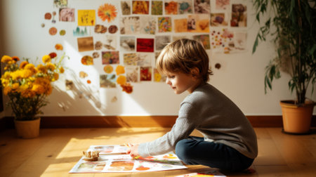 kid putting his drawings on the collage of children's drawings each depicting what they are thankful forの素材