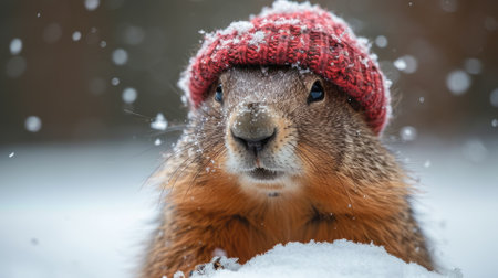groundhog wearing winter hat staying in the snowの素材