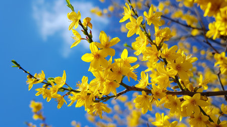 banner with empty space Forsythia in full blossom against blue skyの素材