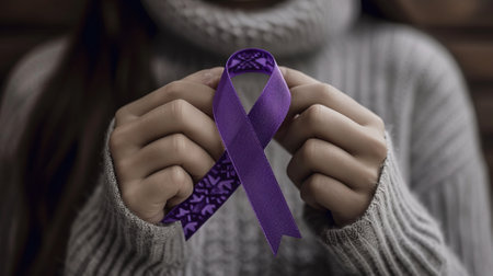 woman holding a purple awareness ribbonの素材