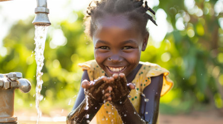 Beautiful african girl pour water from the tap into her handsの素材