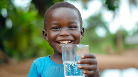 happy african boy with glass of waterの素材