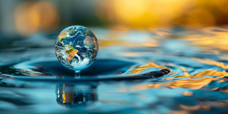 close up of drop water with world reflecting on itの素材